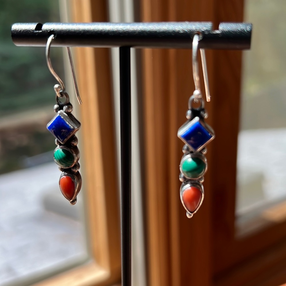 VTG Multicolored Natural Stone Silver Earrings